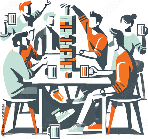 Friends playing Jenga game at a table with drinks tower