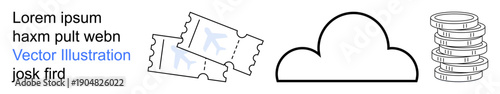 Digital services, financial transactions, online storage, cloud computing, ticketing systems, data management. Cloud icon, tickets stack of coins and placeholder text. Digital storage and financial