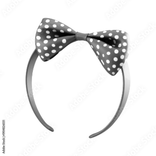 Black and white halftone illustration of a bow headband isolated on white background, minimal fashion accessory concept for childhood, party, retro style and playful design.