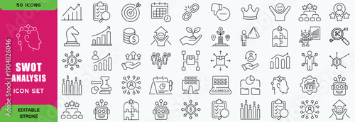 SWOT analysis icon set. Meaning strengths, weaknesses, opportunities, and threats. Containing advantage, disadvantage, strategy, consulting, identify, project. Outline icons vector collectionWeb