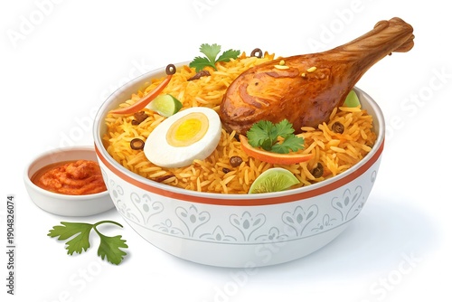 Delicious Eid Biryani Bowl 3D Food Render. 3D stylized bowl of Biryani with a leg piece and egg, vibrant colors, appetizing 3D food art, isolated on white.