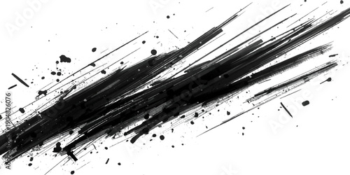 An abstract black ink splat creates a dirty grunge texture with liquid paint drips and spray splatters for a bold artistic design element