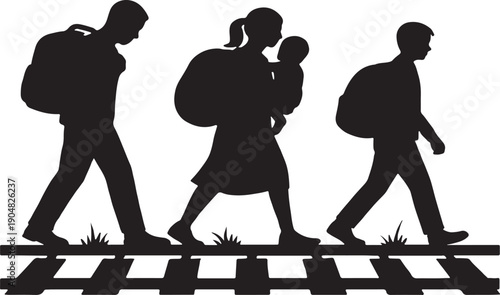 Silhouette of refugees walking railway tracks
