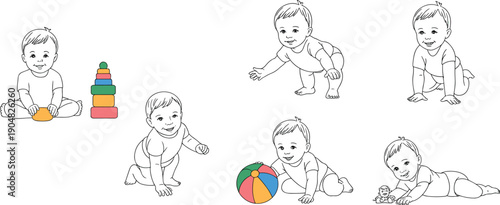 Baby development illustration set showing crawling sitting and playing infant poses line art vector isolated on white background