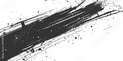 A dirty black ink splat with a spray texture forms an abstract grunge background pattern featuring artistic paint drips and a liquid splatter border element for an edgy vector design