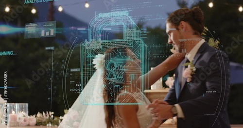 Dancing couple holding hands at garden reception in gown and suit with veil, holo padlock overlay