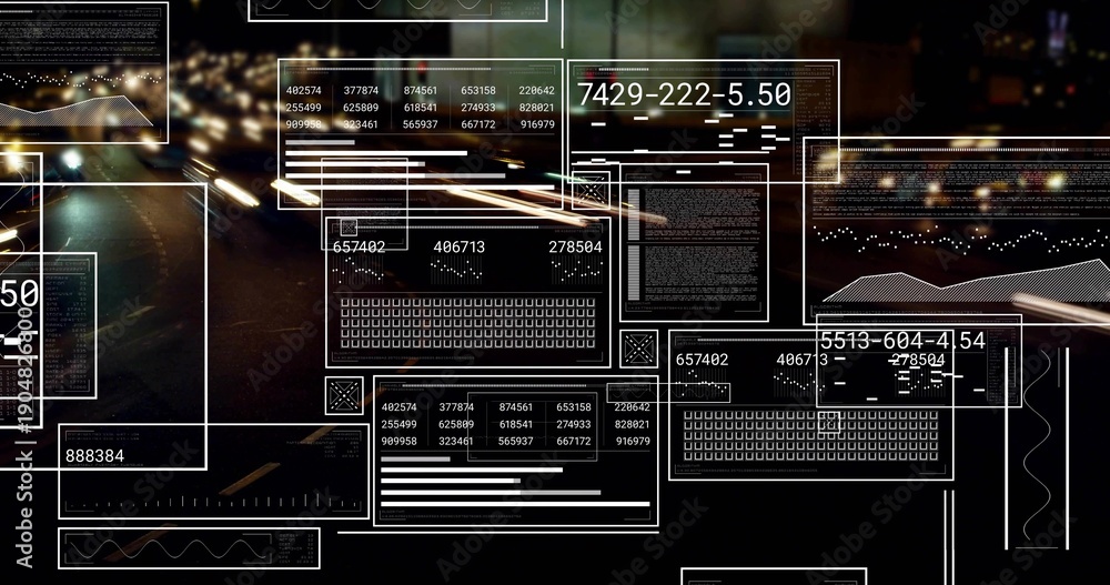 Fototapeta premium Showing semi-transparent panels overlaying city road at night, with data readouts and light trails