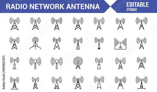 Communication Antenna Editable Line Icon Set
