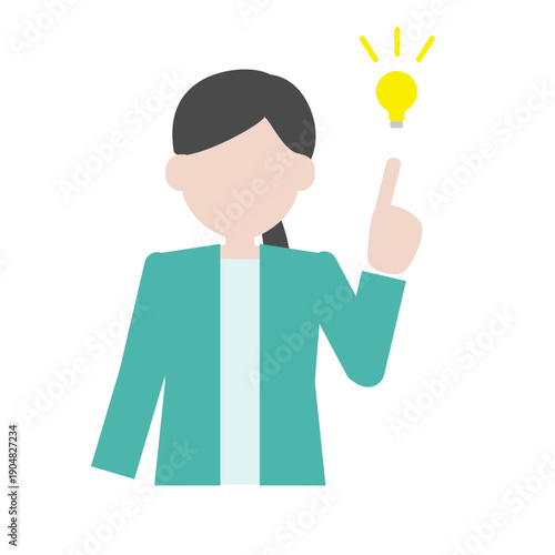 顔なし人物イラスト　ひらめく女性　電球アイコン