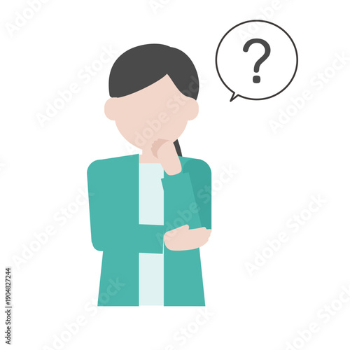 顔なし人物イラスト　悩む女性　はてな吹き出し