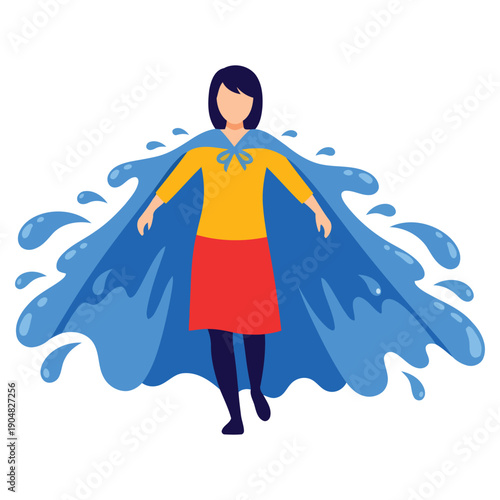 A stylized illustration of a superheroine with water-themed powers and flowing cape.