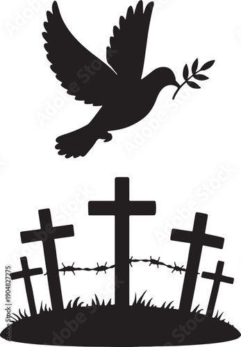 Silhouette of peace dove flying over battlefield graves
