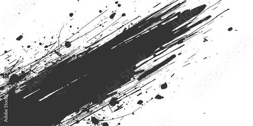 Abstract grunge vector illustration featuring black ink splats and liquid paint splashes on a textured dirty background with artistic spray drips and a splattered brush border element