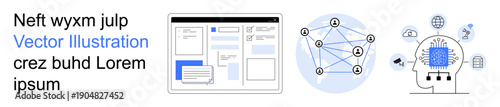 Digital transformation, AI processes, network connectivity, web design, data visualization, system integration. Diagram of a website layout, connected data nodes AI interface. Digital transformation