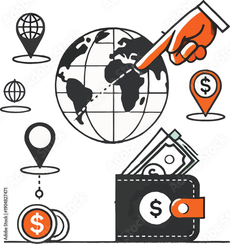 Global finance and location concept with hand and wallet
