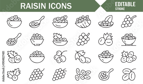 Editable Raisin and Dried Fruit Line Art Icons