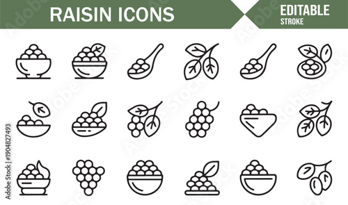 Raisin Ingredient Line Icons for Food Design