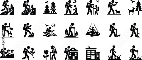 Black silhouette icons of hikers trekking in nature with backpacks walking through mountains forests and outdoor landscapes for adventure travel design.