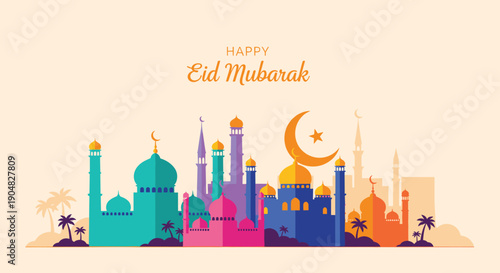 Eid al fitr - Selamat Hari Raya Idul Fitri Greeting Illustration In Flat Style Design, Flat illustration