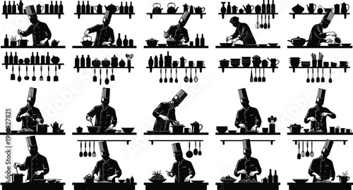 Black silhouette icons of professional chefs cooking in commercial kitchens with culinary equipment shelving and restaurant staff preparing food gourmet.