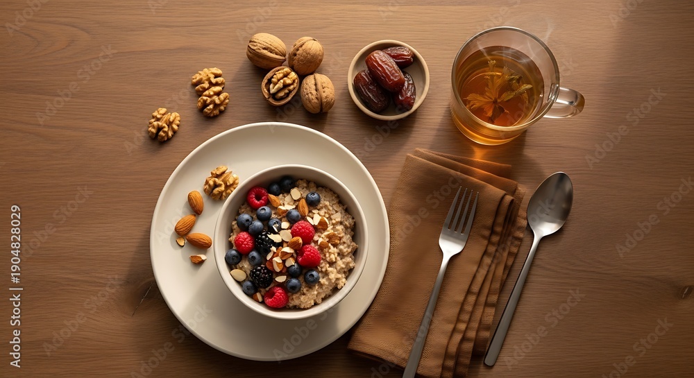 Fototapeta premium Healthy Breakfast Bowl with Oats, Berries, Nuts, and Dates, served with a warm cup of tea, offering a nutritious start to the day
