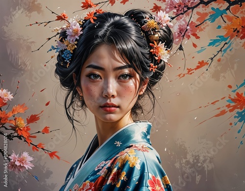 Portrait of a Japanese girl in a kimono, Hyperrealistic, splash art, concept art, mid shot, intricately detailed, color depth, dramatic, 2/3 face angle, side light, colorful background