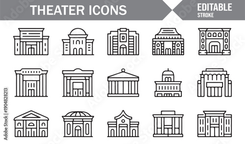 Theater Building Vector Line Icons Isolated on White