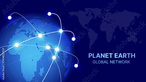Global Network Connection Earth with World Map Points and Lines – Digital Technology, International Business, Data Communication Vector Illustration