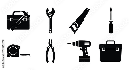 Black silhouette icons depicting various hand and power tools for construction