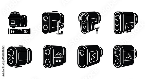 Black and white outline icons depicting various camera models and equipment