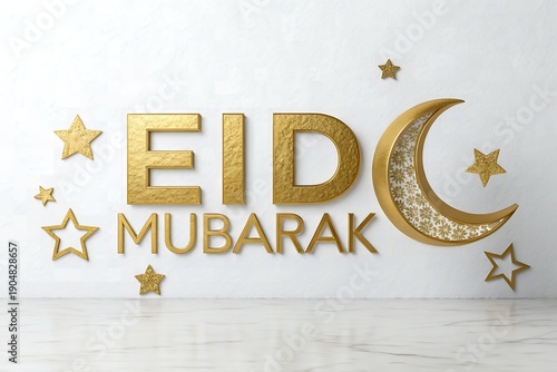Eid Mubarak 3D text typography with 3D crescent and stars, shiny gold texture, premium look, isolated on white.