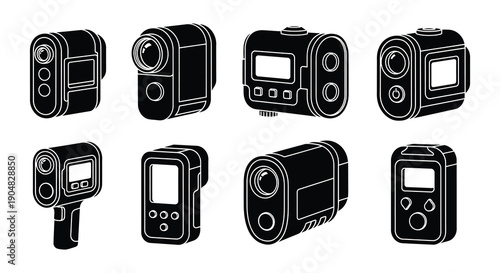 Black and white outline icons depicting various camera models and equipment
