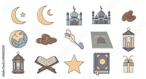 Islamic Icons Set: Crescent Moon, Mosque, Quran, Dates, Lantern, Prayer Mat