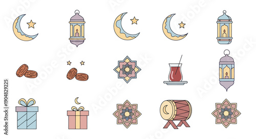 Ramadan Icons: Moon, Lantern, Dates, Gift Box, Drum, Tea, Geometric Pattern