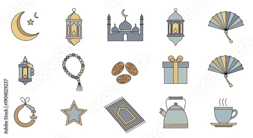 Ramadan Icons Set: Moon, Mosque, Lanterns, Prayer Beads, Dates, Gift, Carpet, Tea