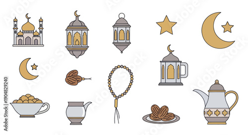 Ramadan Islamic Icons: Mosque, Lanterns, Crescent Moon, Dates, Prayer Beads, Coffee Pot