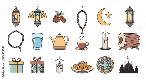 Ramadan Icons: Lanterns, Dates, Prayer Beads, Moon, Tea, Candle, Drum, Gifts, Sweets, Mosque