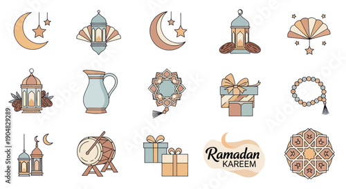 Ramadan Kareem Icons: Moon, Lanterns, Gifts, Drum, Prayer Beads, Jug, Fan