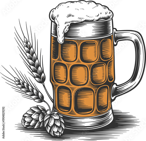 Detailed architectural sketch of a classic glass beer stein featuring frothy foam and natural ingredients