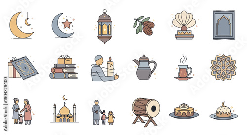 Ramadan Icons Set: Crescent Moon, Lantern, Prayer Mat, Mosque, Drum, Food, Family