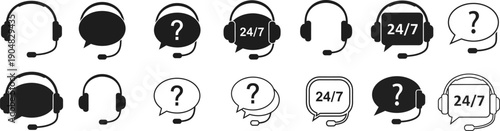 Customer Support Headset Icons Collection with Question Marks and 24/7 Service Symbols