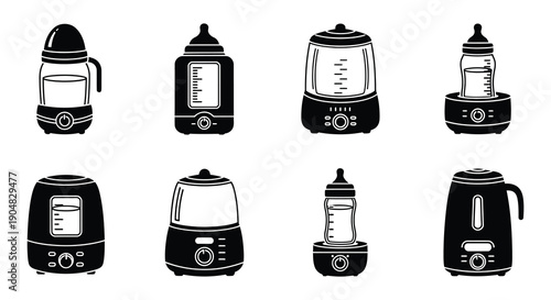 Black and white illustration of baby food preparation appliances