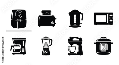 Black silhouette icons depicting various common kitchen appliances