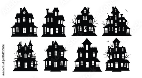 Silhouettes of spooky haunted houses for halloween decorations and eerie themes