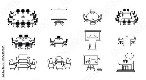 Simple black and white line drawing of various meeting room setups