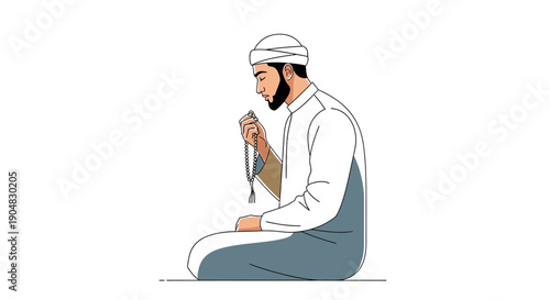 Vector illustration of a Muslim man praying with a rosary in a simple, elegant style against a clean white background.