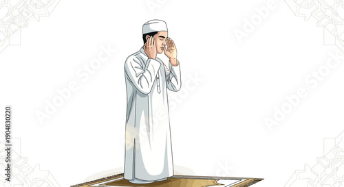 Illustration of a Muslim man praying in a white robe and cap on a prayer mat with hands raised in a gesture of worship against a plain white background.