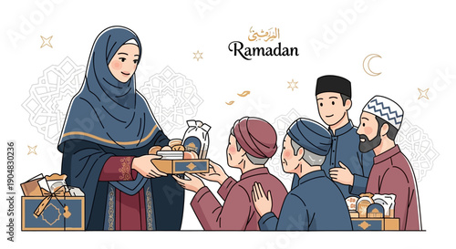 Vector illustration of a Muslim woman sharing dates with a family during Ramadan Kareem, with a congregational prayer background and fasting month atmosphere.