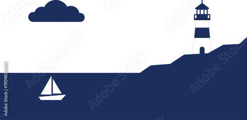 Serene lighthouse seascape with sailboat in calm waters