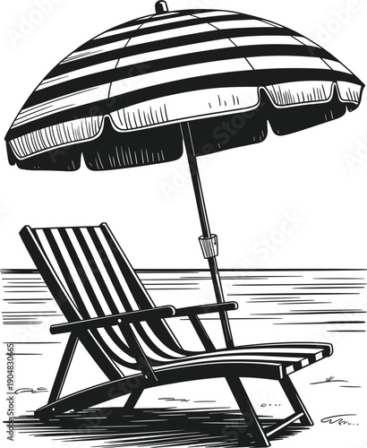 Vintage black and white vector illustration of a striped beach umbrella and comfortable lounge chair